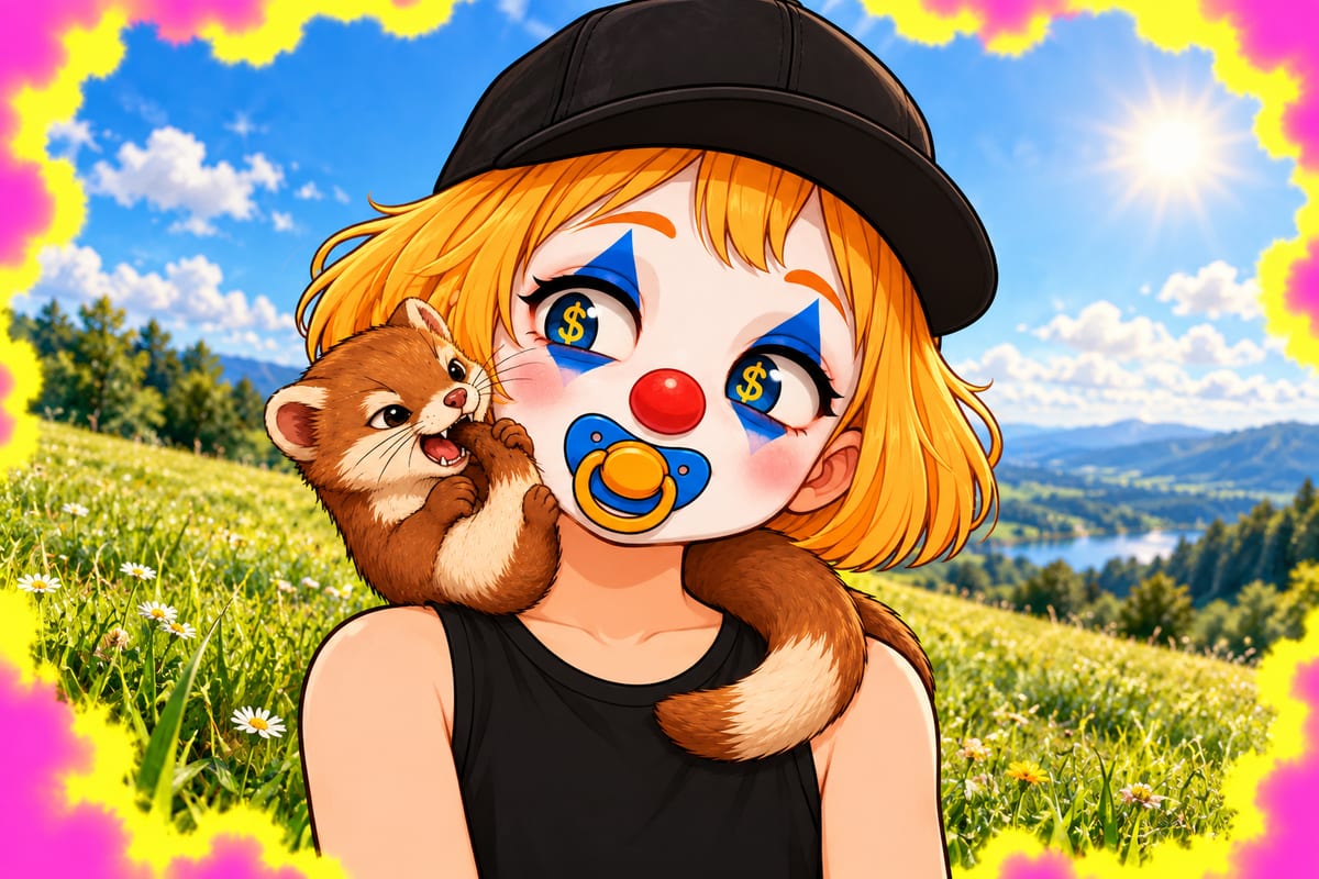 One slender chestnut-and-cream weasel curls around the child's shoulder, its mischievous face peeking beside their cheek and its tapered tail following the curve.