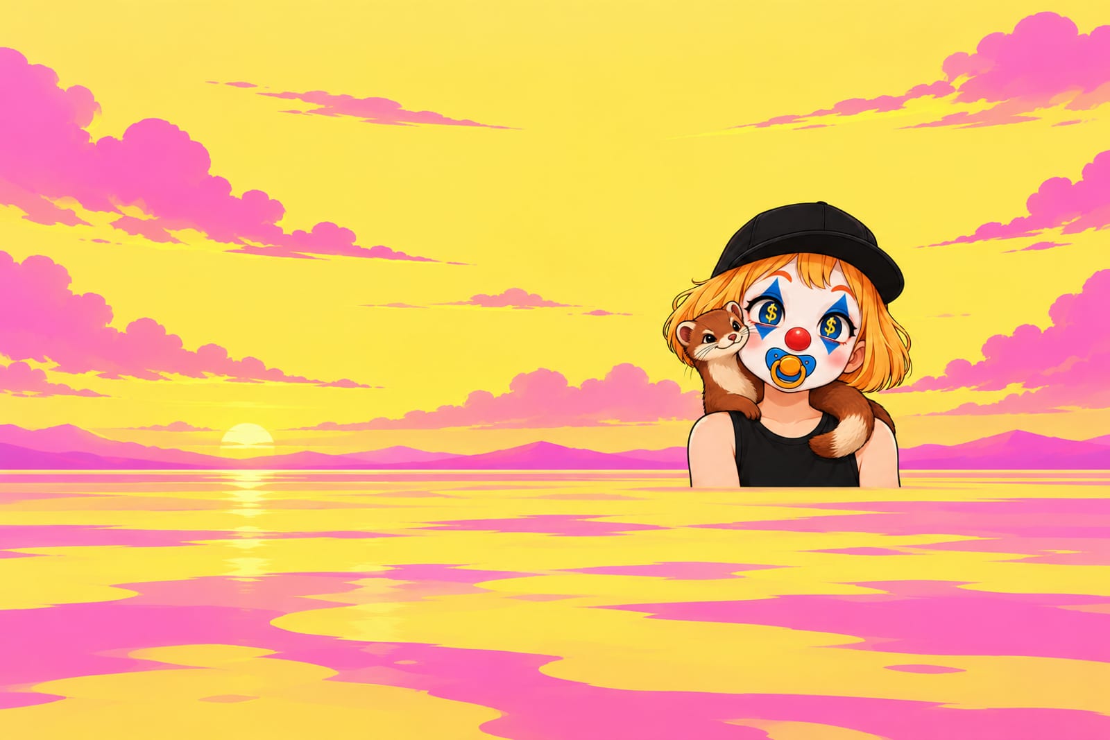 Bob and Weasel against a neon yellow-and-pink sticker background: a dazed cartoon child with an orange-blonde bob, clown makeup, black cap and pacifier, with one chestnut-and-cream weasel curled around their shoulder.