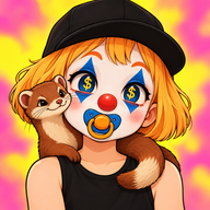 Bob and Weasel logo featuring the clown-painted child and one chestnut-and-cream weasel in flat saturated colours with bold black outlines.